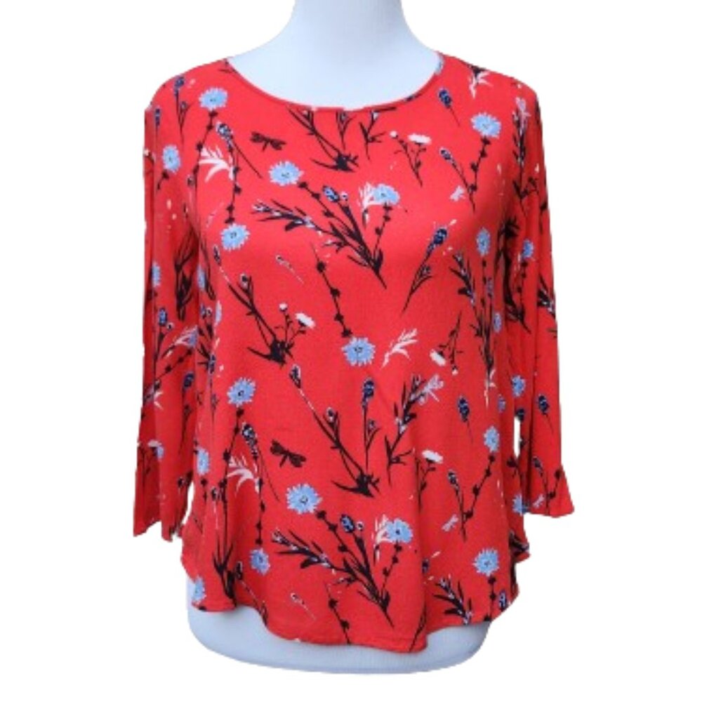 Tom Tailor Red Floral Print Blouse 3/4 Sleeves Criss-Cross Back